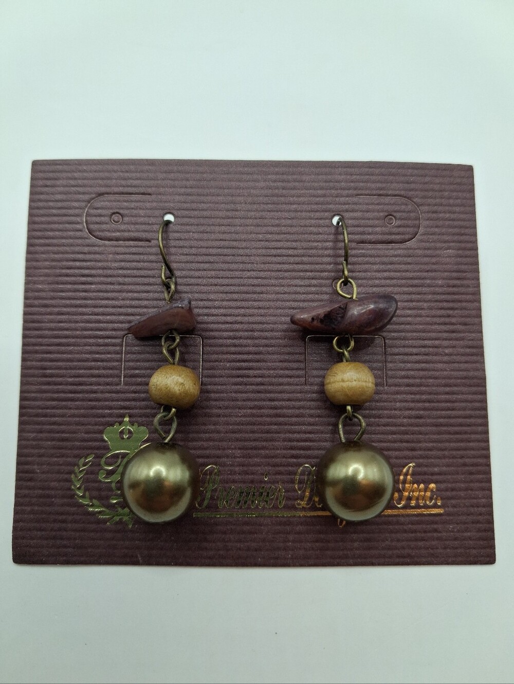 Premier Designs Brown Wood Beaded Dangle Earrings Gold Tone Simulated Pearl 2"